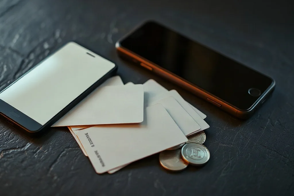 Bank cards, a smartphone and coins arranged on a dark table representing payment methods