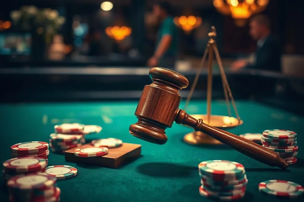 Scales of justice next to a smartphone displaying a betting application