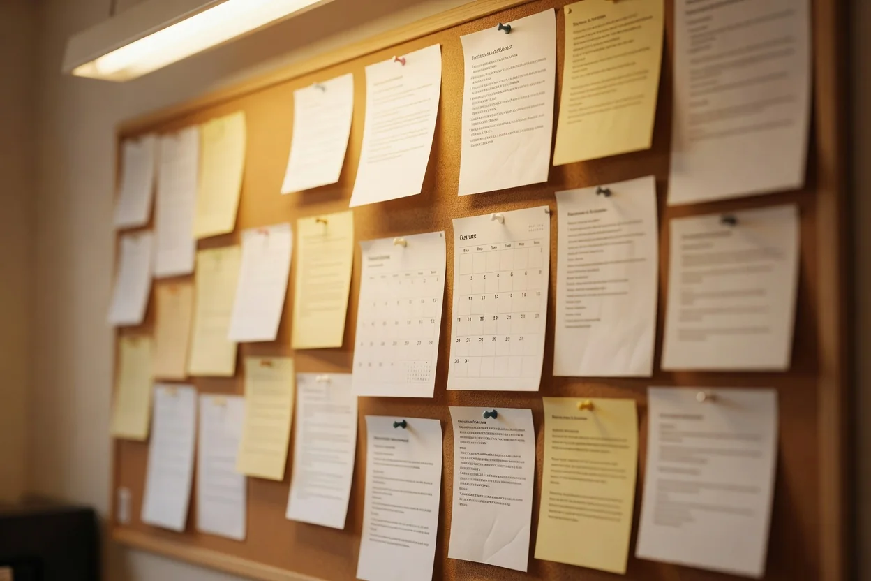 Official notices and calendar on a notice board