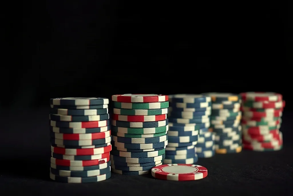 Row of identical casino chips stacked evenly showing the concept of equal stakes