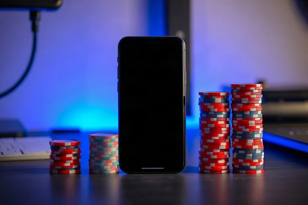 Smartphone showing a sports betting app surrounded by icons of growth charts
