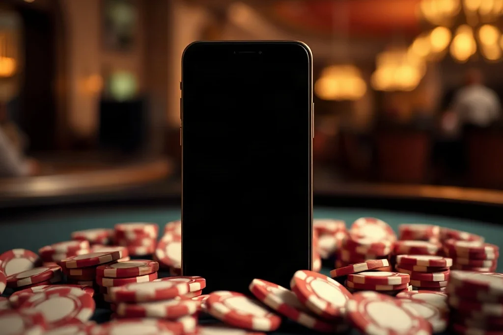 Person holding a smartphone with a betting app open in a stadium crowd