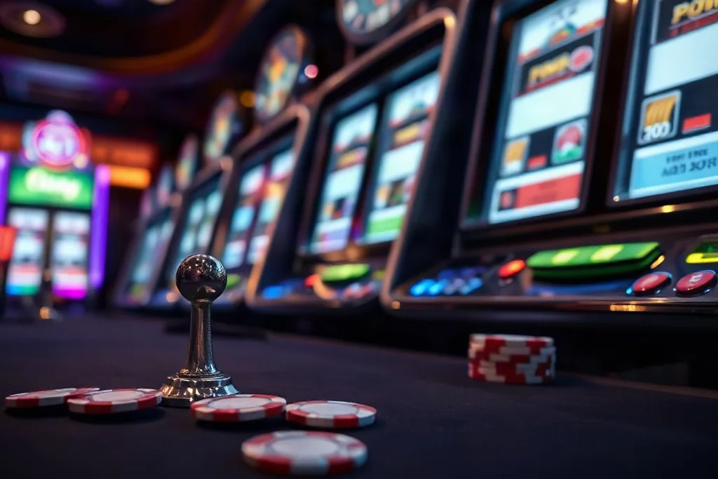 Colourful slot reels mid-spin with glowing win lines on a dark background